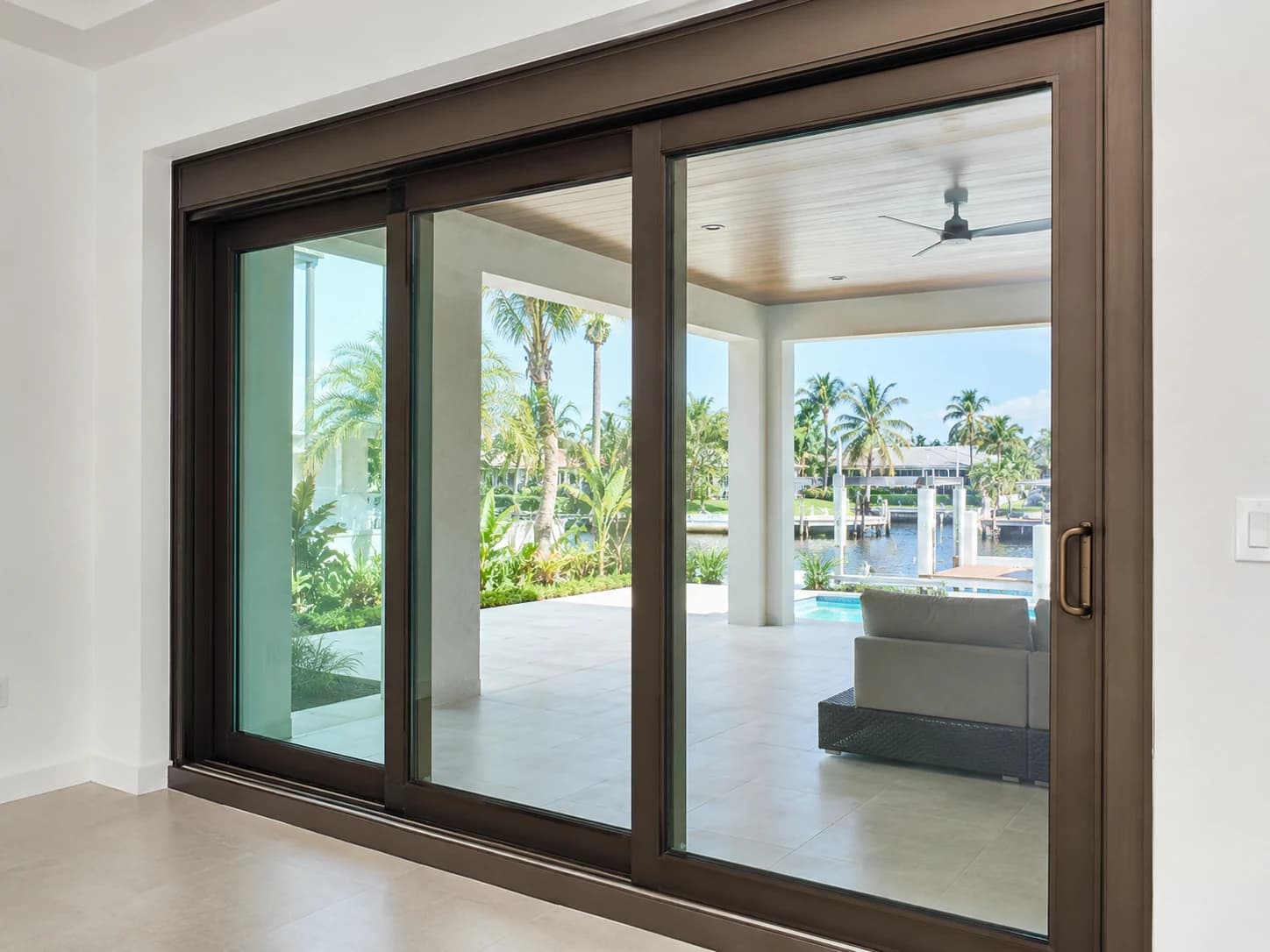 Large dark frame impact sliding glass door to a lanai