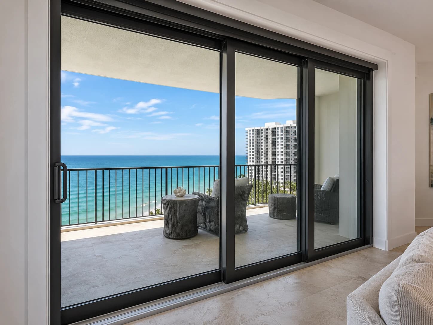 Impact sliding glass doors opening to a coastal balcony