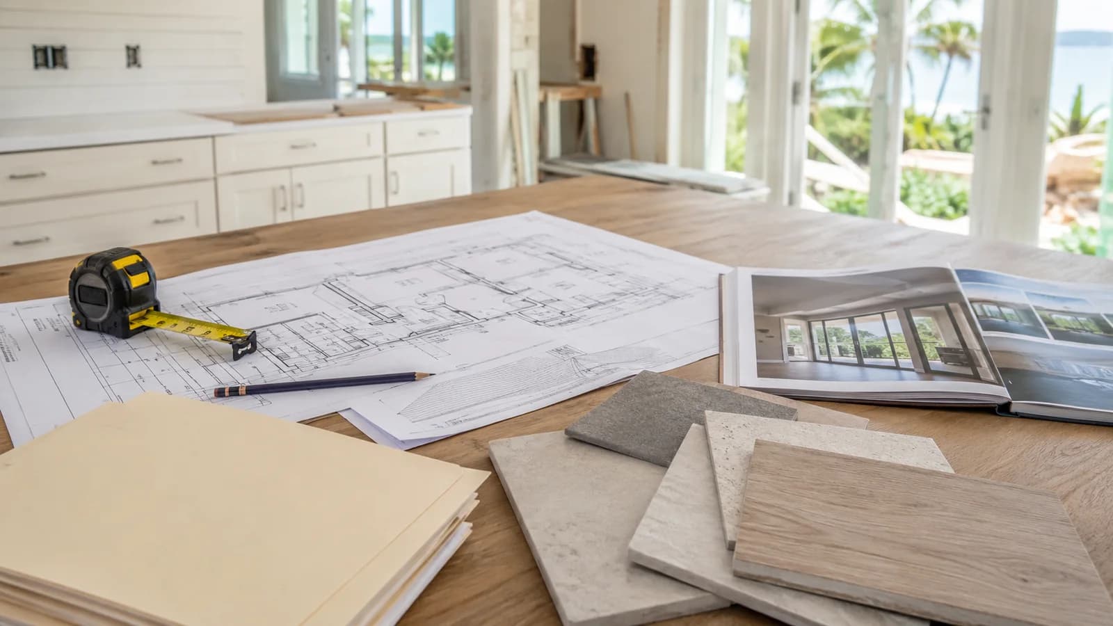 Construction plans, measuring tape, material samples, and project folder on a coastal home work table
