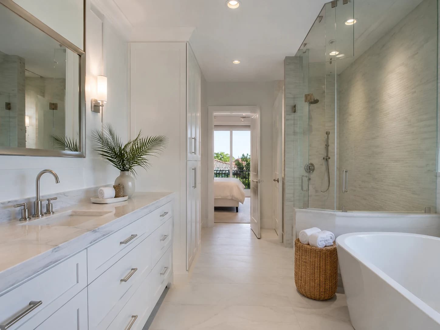Finished coastal bathroom remodel with glass shower and double vanity