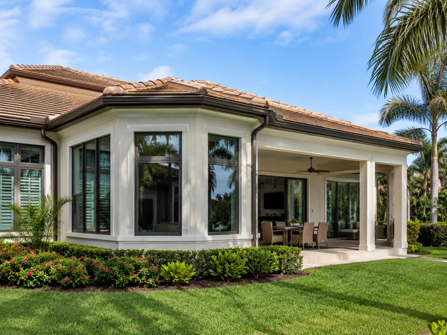 Florida home addition with patio and tropical landscaping