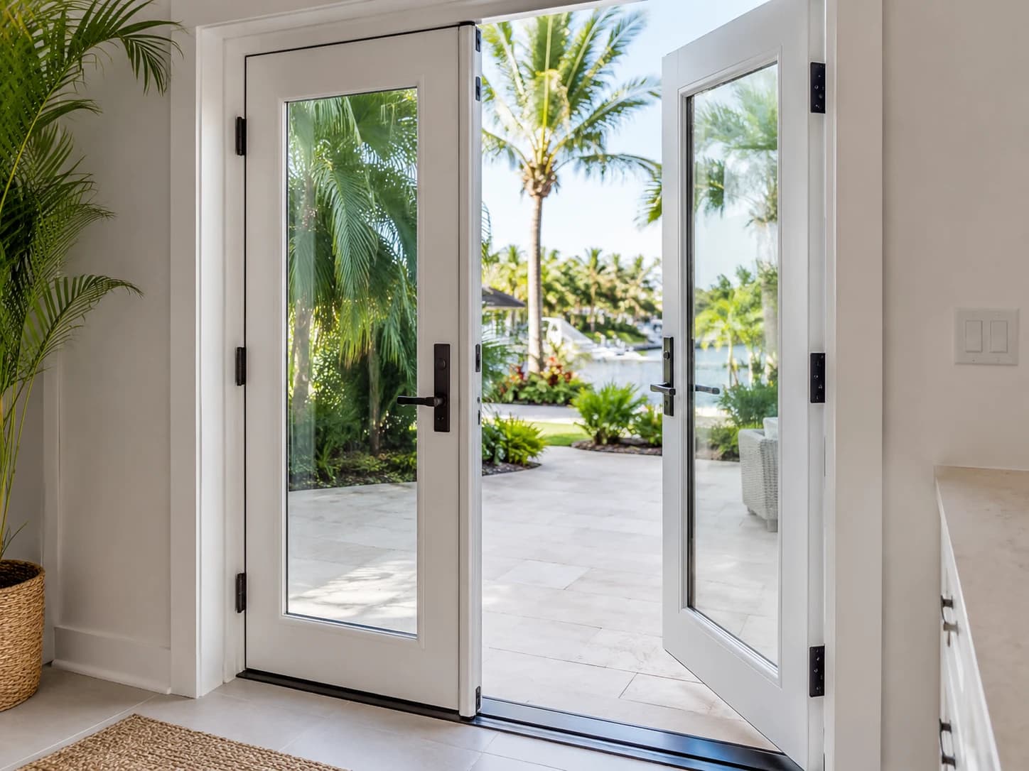 Impact French doors opening to a patio