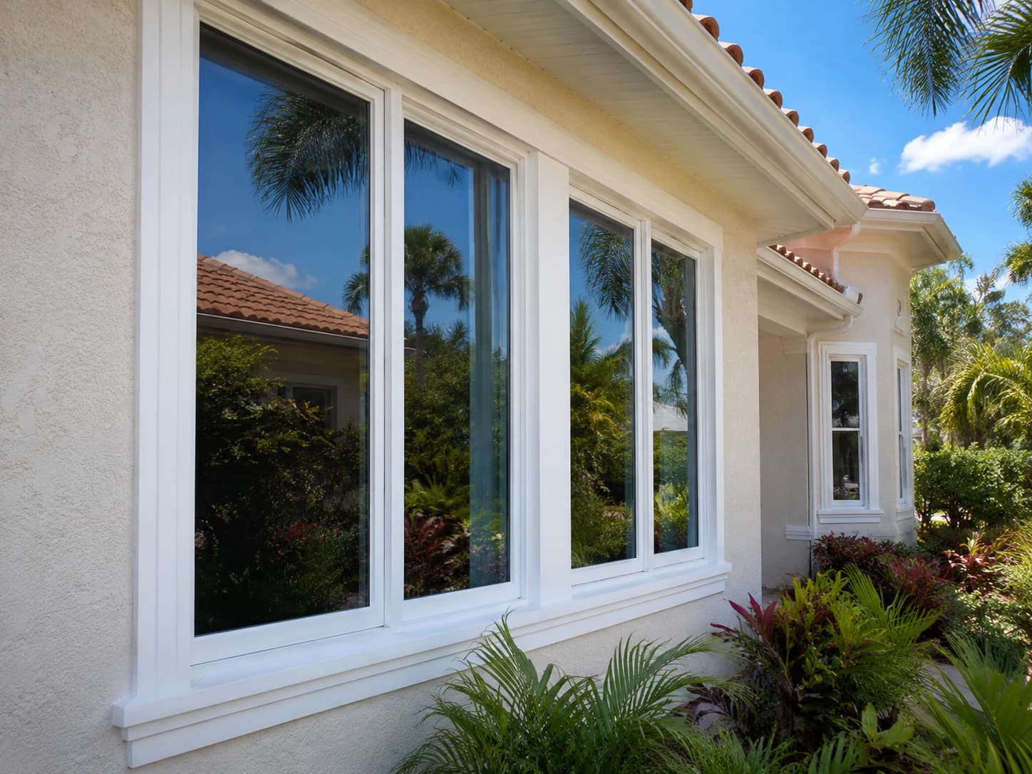 Exterior impact windows on a Florida stucco home